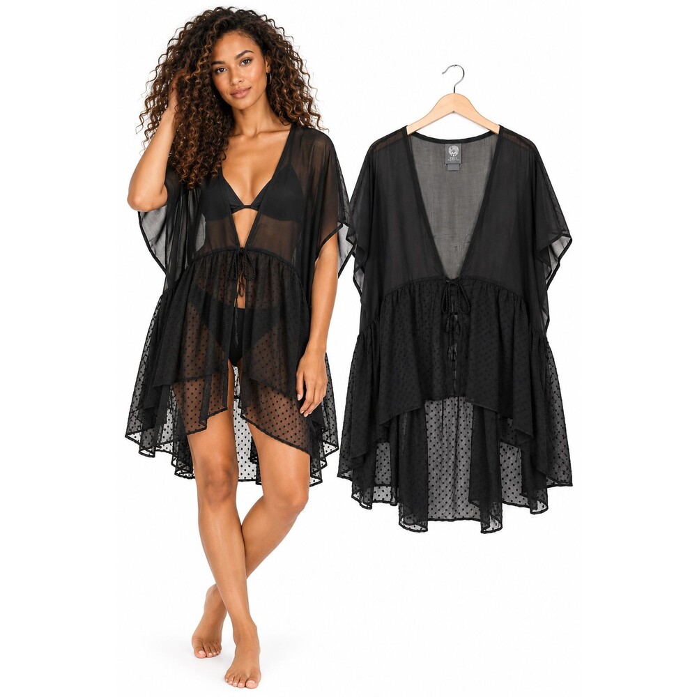 New Vince Camuto Swim Cover Up Caftan Kimono Tie Front One Size Black Sheer Dot